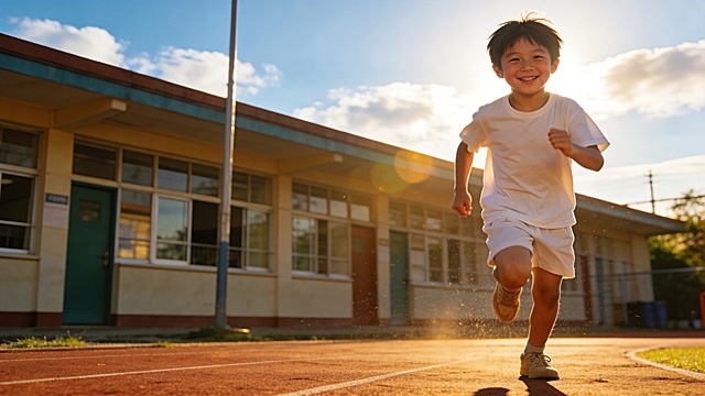 温暖阳光下的童年场景，一个七八岁的小男孩在操场上奔跑，脸上带着开心的笑容，阳光洒在地面和孩子身上，画面充满金色光线和温暖空气，小男孩穿简单的白色T恤和短裤，自由地跑动，背景是普通学校操场和蓝天白云，气氛纯真快乐，童年无忧无虑的感觉，电影镜头构图，柔和光影，画面温暖治愈，真实生活感，华语情绪歌曲MV回忆画面，电影质感