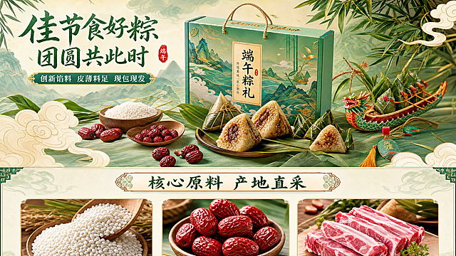 传统国风与现代设计融合，以3D质感呈现端午粽礼，配以竹林山水背景与赛博朋克式光影细节，营造出科技感与节日氛围交织的视觉体验。