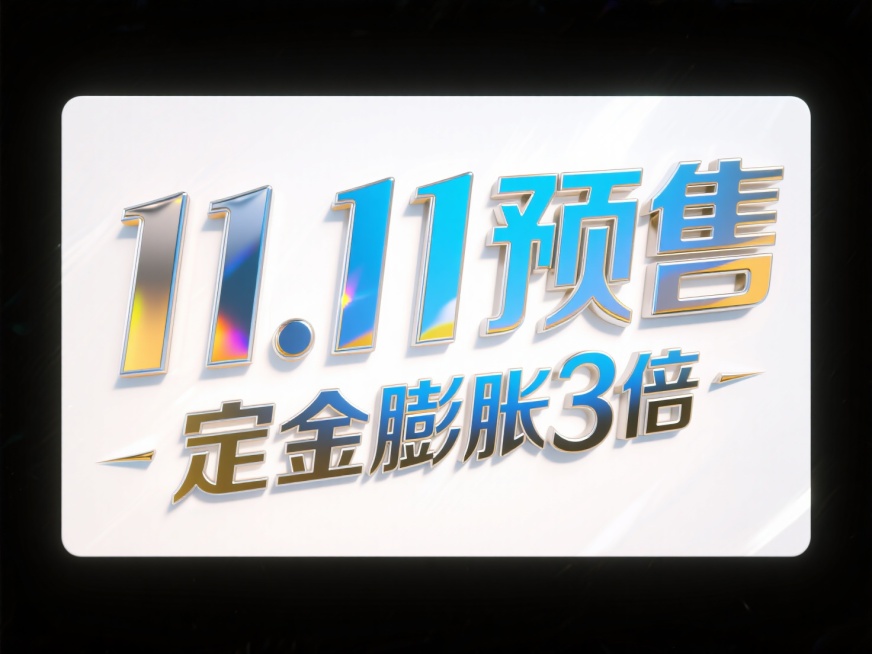 大字”11.11预售"，不锈钢材质，边缘镜面倒角产生光刃效果。副标题”定金膨胀3倍"蓝金渐变铝材表面，激光雕刻文字凹陷处透出呼吸光效。背景白色，主标题表面反射霓虹色散光斑预览效果