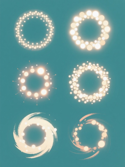 系列素材集合，6个完全不同风格的同元素同造型光斑图案规整排布，每个图案均为纯色背景，保持圆形光斑及内部光点元素内容，变换元素造型与画面整体色彩，每个光斑图案具有独特艺术风格、主色调、光影效果和笔触质感，整体构图布局统一且每个图案细节丰富，视觉层级清晰，信息传达高效，符合现代设计感，无文字内容预览效果