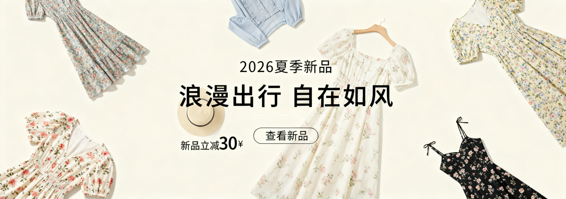 女性颜值消费类夏季女装电商Banner图，米白色干净背景，平铺多款法式碎花连衣裙，主标题文案"2026夏季新品"小字体，副标题文案"浪漫出行 自在如风"小字体，左下角标注"新品立减30"小字体，右下角预览效果