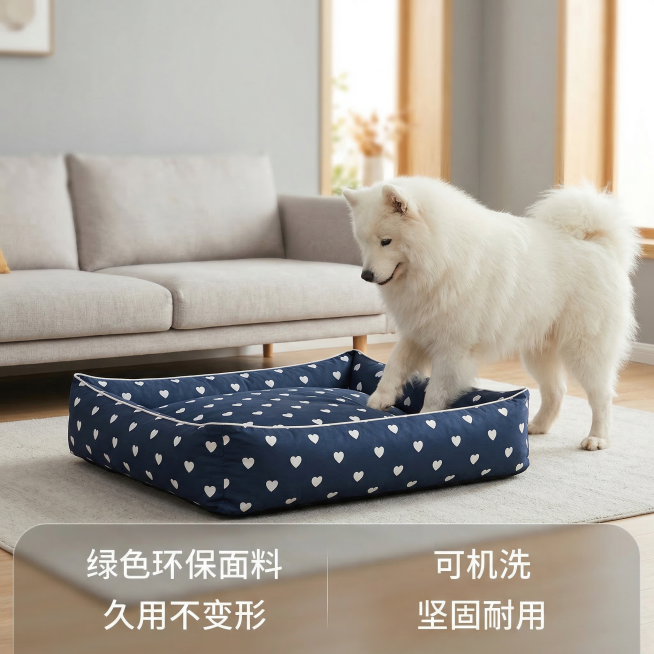 狗狗窝整体品质收尾主图，舒适简约家居治愈风，北欧风格客厅场景。藏青爱心印花方形狗窝放在客厅中央，一只中大型萨摩耶狗狗站在窝边，前爪放在窝边，互动展示产品尺寸，整体产品完整展示无切割。背景浅灰色客厅，浅预览效果