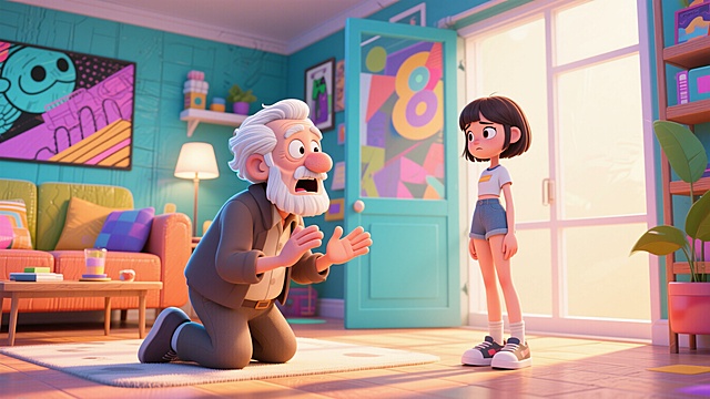 轻喜剧漫画风格，一个白发苍苍的七十岁老爷爷，惊讶地跪在地上，面对一个面无表情的18岁短发少女，老爷爷表情夸张震惊，少女一脸嫌弃，室内明亮喜剧场景，卡通漫画风，色彩鲜明