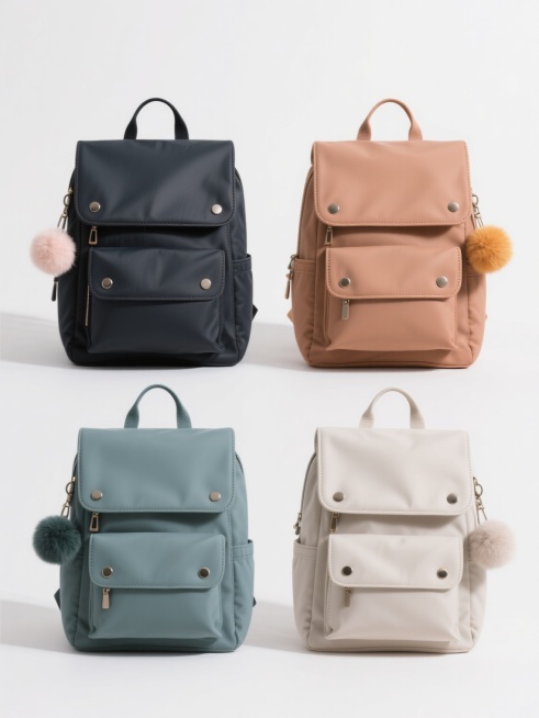 4个不同配色、不同样式的书包，白色背景，排列整齐，每个书包都具有简约现代的设计风格，光滑的防水面料质感，清晰的缝线细节，金属铆钉装饰，正面翻盖设计，两侧有口袋，带有不同颜色的毛绒挂饰，光线明亮柔和，阴影自然，高清产品摄影效果，干净整洁的构图预览效果