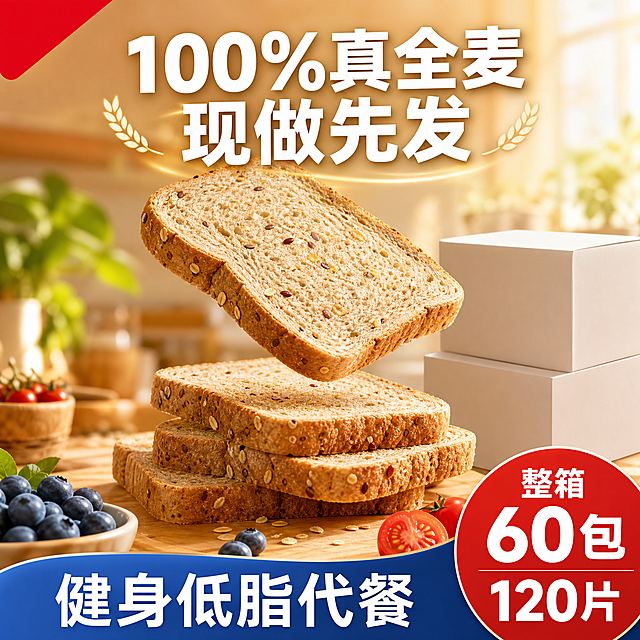 1:1正方形电商主图，无品牌无Logo，清新明亮风。背景：暖黄色虚化厨房背景，搭配蓝莓、番茄等小装饰。主体：多片带杂粮颗粒的全麦吐司，一片悬浮堆叠，右侧放两个空白包装盒占位。文字排版：左上角红色角标：无文字，仅纯色背景；主标题：“100%真全麦 现做先发”，白色大字居中；底部横幅：左侧蓝色条写“健身低脂代餐”；右侧红色圆形标写“整箱60包120片”，白色大字；吐司表面杂粮颗粒清晰，整体色调温暖，突出“现做”卖点。