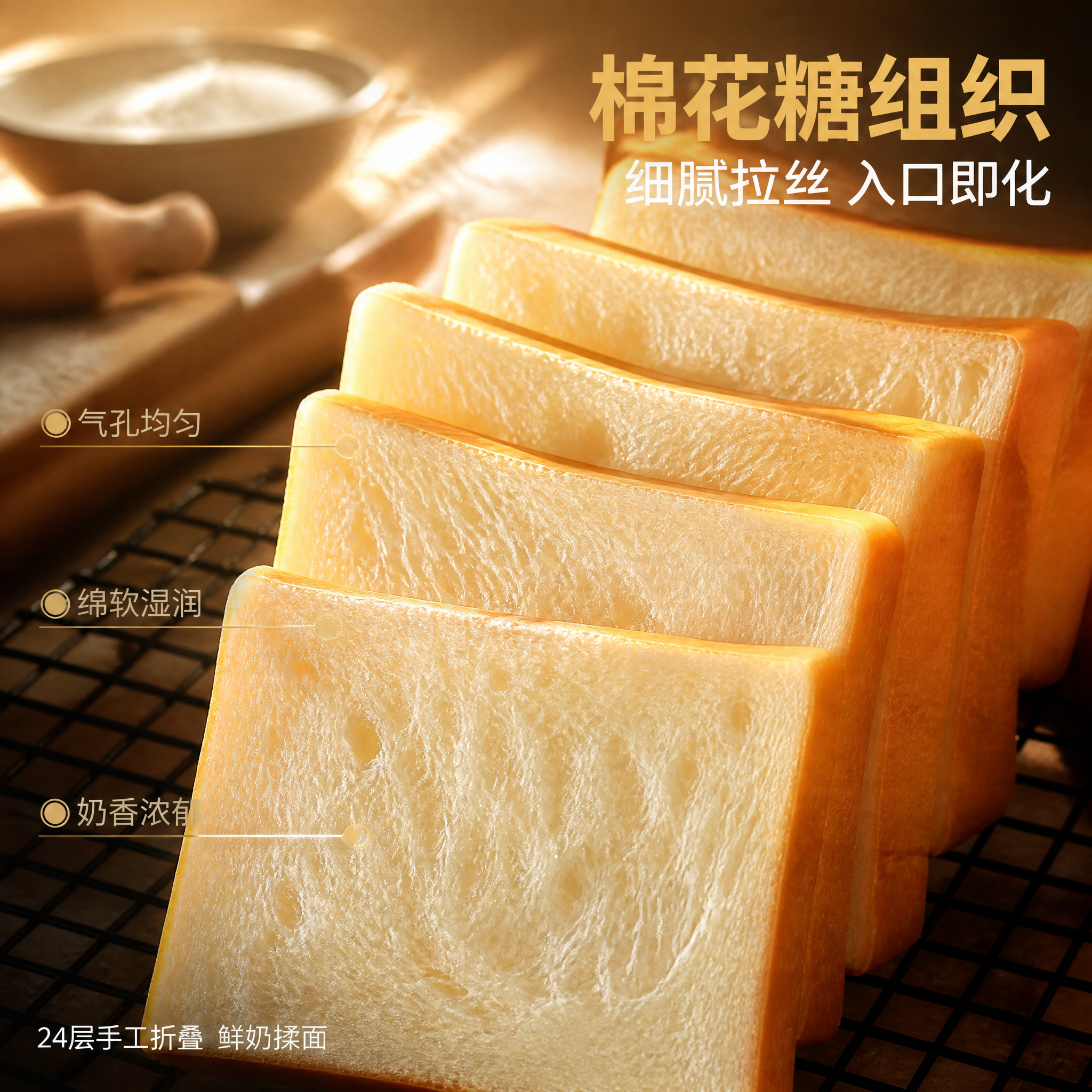 [主图-2] 鲜奶水立方吐司核心亮点与组织细节图。 [氛围风格… - 图片创意预览