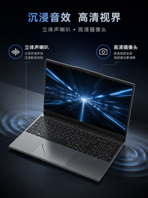 笔记本电脑音效立体声喇叭摄像头的海报详情图，C4D渲染，高级感风格，笔记本电脑屏幕搭配有视觉冲击力的科技壁纸，立体声喇叭、高清摄像头两个功能分别搭配对应功能图标，标注卖点，保持笔记本电脑外观与原产品一预览效果