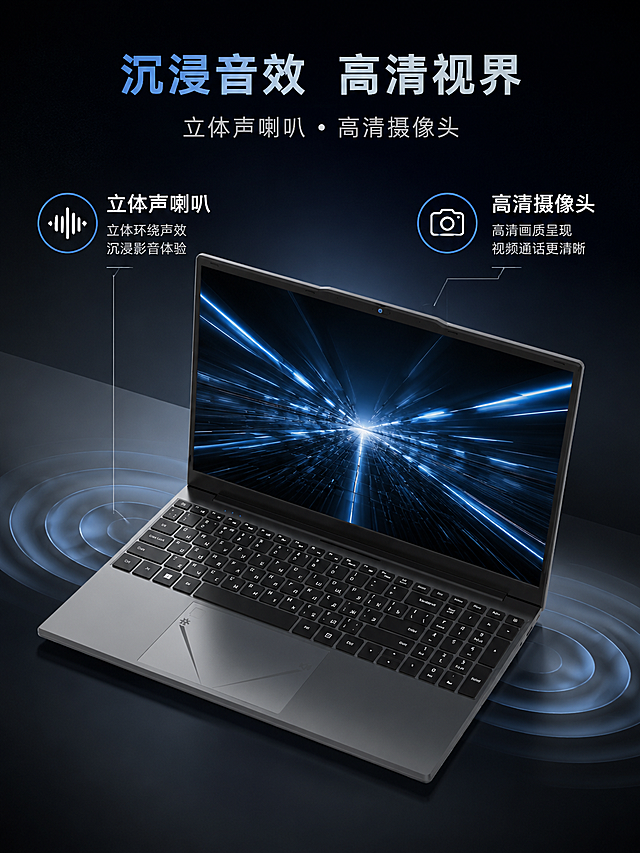 笔记本电脑音效立体声喇叭摄像头的海报详情图，C4D渲染，高级感风格，笔记本电脑屏幕搭配有视觉冲击力的科技壁纸，立体声喇叭、高清摄像头两个功能分别搭配对应功能图标，标注卖点，保持笔记本电脑外观与原产品一致，整体高级简洁