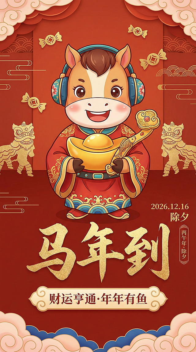 国潮风剪纸质感，拟人化小马戴耳机持金元宝，卡通可爱，鎏金文字“马年到”，喜庆红金配色，寓意财运亨通，除夕节日氛围浓厚。