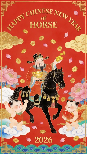 主体为财神爷骑骏马（财神爷左手托金元宝，右手抛金币；马具饰流苏及铜钱，呈行走姿态）。马匹两侧有两个福娃（左侧举臂欢呼；右侧怀抱红色锦鲤）。空中飘浮金色铜钱、粉色牡丹花瓣、白色祥云；顶部弧形排列烫金质感预览效果