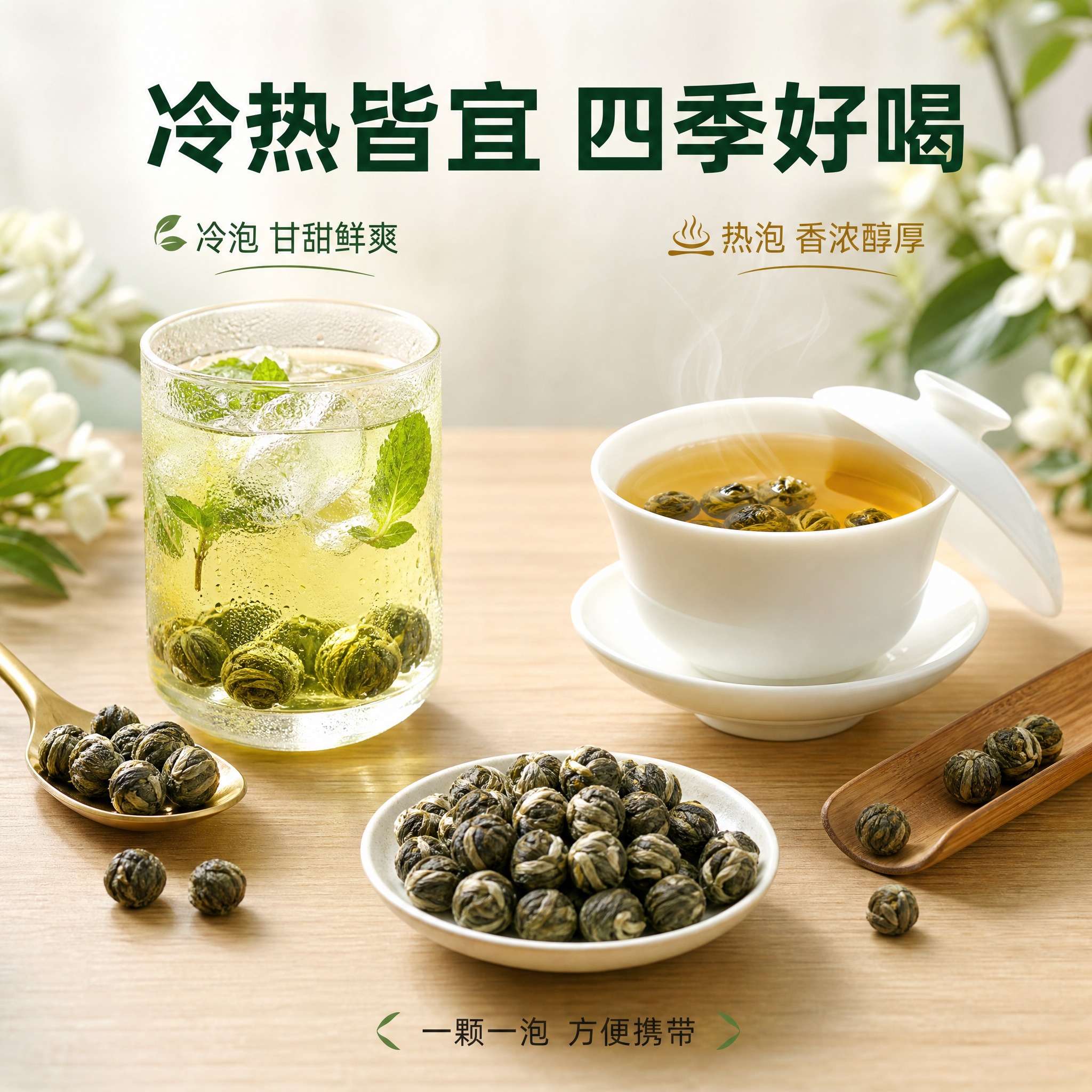 [主图-5] 茉莉龙珠茶叶第五张，核心任务是展示多种冲泡方式对… - 图片创意预览