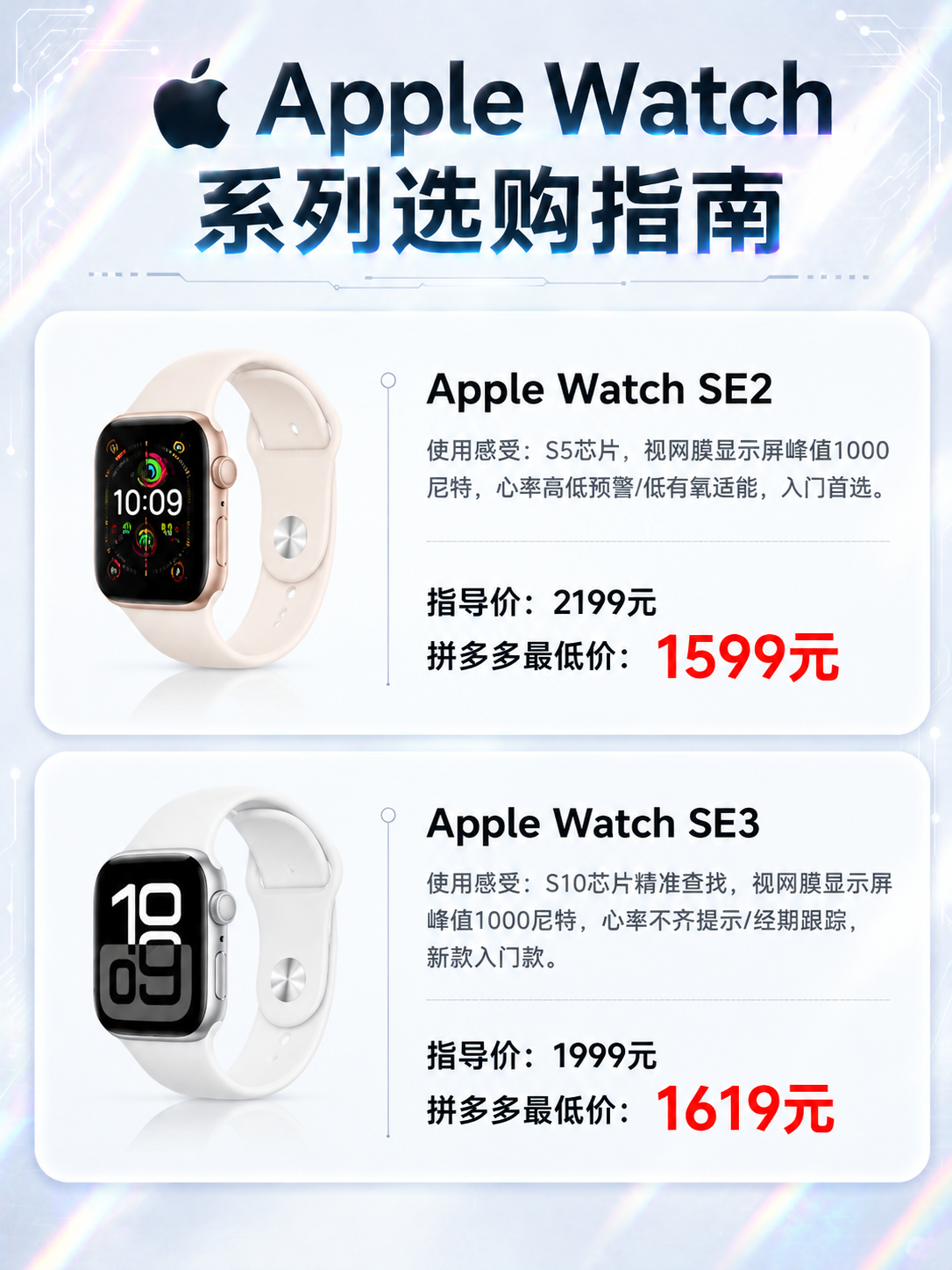 Apple Watch系列选购对比海报，竖版3:4比例，黑白浅… - 图片创意预览