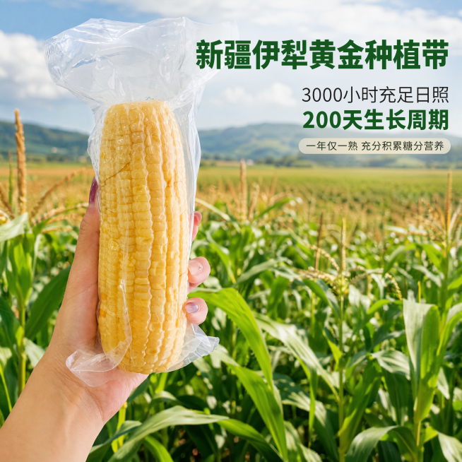 「图片1」，生成一套主图（5张），商品名称是玉谷飘香・疆小棒 新疆水果玉米，卖点是产自新疆伊犁黄金玉米种植带，全年享受3000 小时充足日照，昼夜温差高达 20℃，采用天山冰川融水灌溉，碱性沙土地种植预览效果