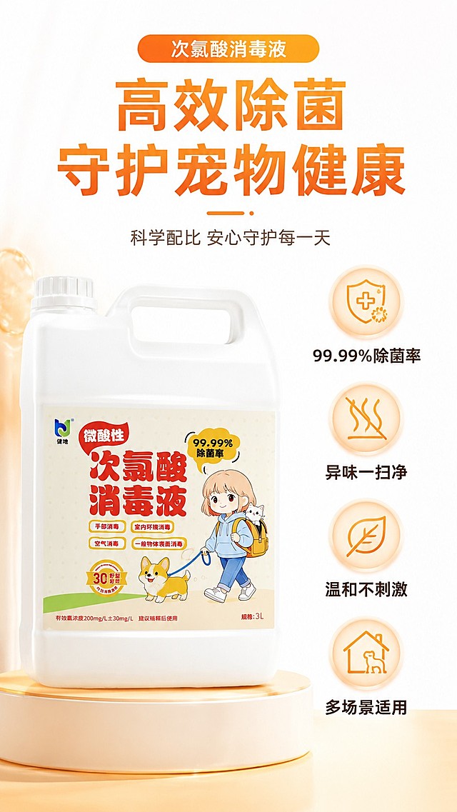 [第3屏] 详情页核心功效-高效除菌优势解析。本屏使用【图2】作为商品主体。
[氛围/风格] 延续整体暖橙配色，专业可信氛围，清晰视觉层次，商业摄影质感。
[元素布局] 左侧放置产品图，占比约45%，右侧四个圆形图标卖点区，每个图标对应一个核心功效；顶部大标题区，整体左右分栏构图；产品结构和包装保持与原图一致。
[光影质感] 左侧产品柔光照明，右侧信息区均匀补光，整体明暗过渡自然，产品质感清晰突出。
[配色色系] 全局底色 #FFFFFF；主色暖橙色；辅助色浅米色、深灰色文字，每个卖点圆形背景使用浅橙色渐变。
[视角构图] 左右分栏平视构图，阅读动线从上到下、从左到右，逻辑清晰。
[文字版式] 顶部主标题「高效除菌 守护宠物健康」橙色加粗；右侧四个卖点分别为：「99.99%除菌率」「异味一扫净」「温和不刺激」「多场景适用」，每个卖点配对应图标，文字清晰易读。
[比例分辨率] 9:16竖版比例，4K分辨率，文字清晰可辨，高清画质。
[负向提示词] 瓶身变形，包装文字错乱，缺件错件，颜色偏差，水印，文字错乱，文字过小，背景杂乱
