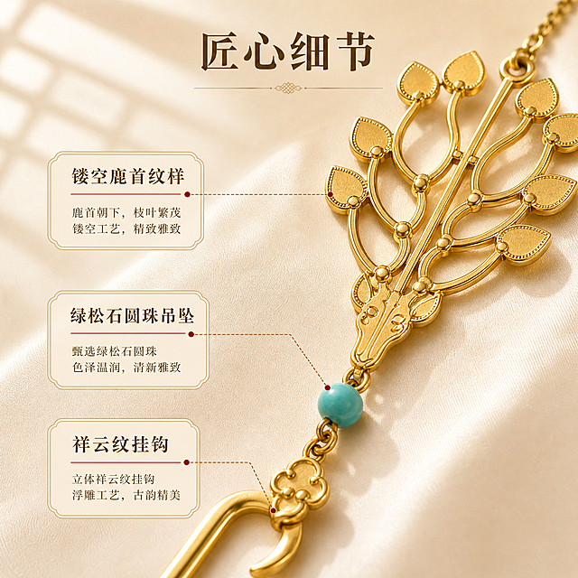 [主图-3重制] 匠心细节图，背景更明亮，增加光影细节；金属书签颜色、形状、细节严格参考【图7】【图8】【图9】【图10】，鹿头朝下方向，哑光金色质感，绿松石颜色，镂空叶片纹样，链条与祥云挂钩完全一致，不得改变。
[统一基调] 整体风格=国风雅致写实商业摄影；背景主色=明亮浅米金；标题字色=深棕金；辅助字色=暖棕灰；强调色=朱砂红；字体样式=宋体衬线粗体；卡片/边框样式=细金色圆角边框、浅底信息卡。
[画面] 画面采用对角线构图，上方放大展示鹿头朝下的镂空鹿角花树吊饰的精致纹样（鹿首朝下，叶片呈水滴形排列），中部展示绿松石圆珠与金属链条的连接细节，下方展示祥云纹挂钩的立体浮雕工艺；三个细节区域用细金色引线连接标注；背景为更明亮的浅米色渐变丝质质感，左上角有柔和的窗格光影，产品细节占画面70%。
[光影质感] 柔和侧光从左上方射入，突出金属镂空的立体感与层次，哑光金色表面有细腻质感，绿松石表面有自然高光与纹理，金属边缘有细腻反光，整体微距质感清晰。
[配色] 主色明亮浅米金，背景做柔和渐变；强调色朱砂红用于引线端点和标签；哑光金色金属与绿松石蓝绿色形成质感对比。
[文字版式] 左侧竖排三个细节标签卡，分别对应「镂空鹿首纹样」「绿松石圆珠吊坠」「祥云纹挂钩」，配细金色虚线引线指向对应部位；顶部居中放主标题「匠心细节」；文字横排，标签卡为圆角浅底样式。
[输出要求] 1:1正方形800×800px，2K分辨率，文字清晰可读，产品细节锐利；书签颜色形状细节严格与参考图一致；避免变形、错字、模糊、杂乱、水印、平台Logo、冷蓝背景、产品结构失真、方向颠倒。