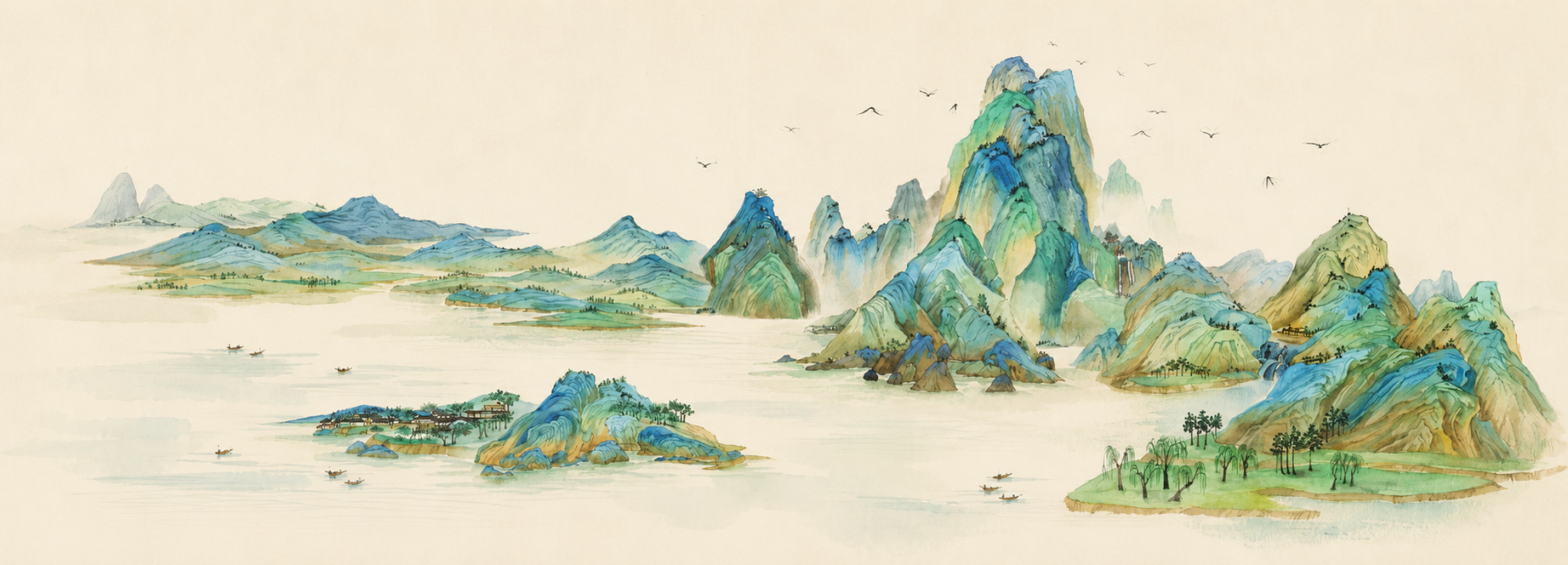 参考图片千里江山图风格，重新生成青绿山水长卷，千里江山图，古风水彩国画，山川河流小舟飞鸟，全景构图，保留原画面构图与配色风格预览效果