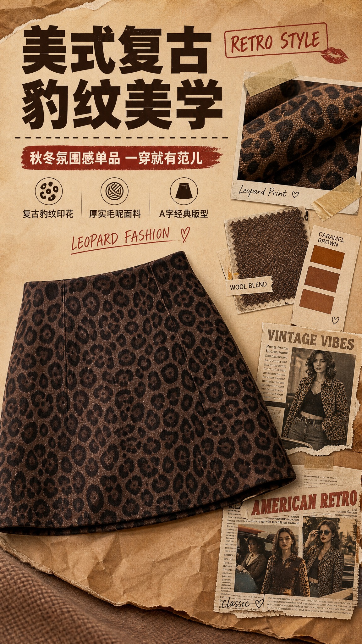 [商品] 使用【图1】棕黑豹纹毛呢A字半身短裙；商品处理：保留… - 图片创意预览
