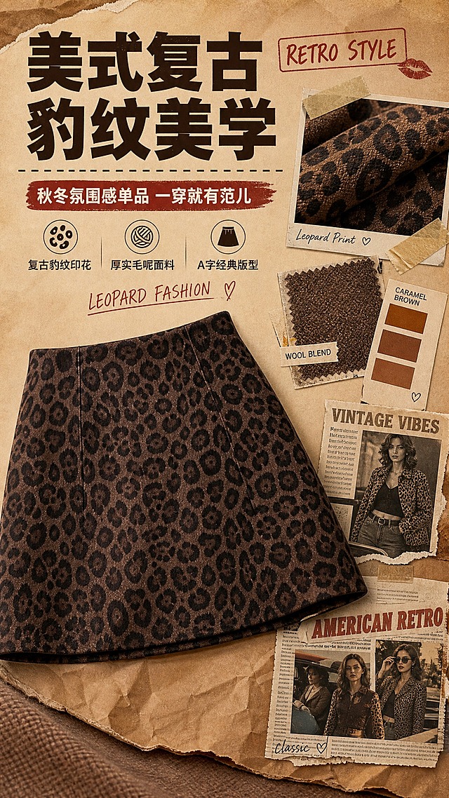 [商品] 使用【图1】棕黑豹纹毛呢A字半身短裙；商品处理：保留高腰A字版型、棕底黑豹纹印花图案、毛呢面料纹理、短裙长度、腰头缝线结构；自然理顺面料纹理，增强毛呢质感和豹纹图案清晰度，不改变版型、颜色和结构。
[画面] 目标：拼多多风格详情页第2张-设计理念页，阐述美式复古豹纹设计灵感。构图：左侧大区域放裙子斜角平铺展示，裙身自然展开露出完整豹纹图案；右侧和上方用复古拼贴风格展示设计灵感元素：豹纹纹理特写、毛呢面料小样、复古杂志剪报、焦糖色色卡。产品占画面约55%。前中后景：前景裙子平铺、中景灵感元素拼贴、后景暖棕色纸张纹理背景。阅读动线：从左到右，先看产品，再看设计理念文字。
[视觉] 套系策略：风格=复古美式辣妹风商业摄影；标题字=粗黑体大字报风格；正文字=简洁黑体；主色=深棕+焦糖棕；背景延展=基于棕色调做深浅层级、复古暖调渐变和纸张/布料质感；强调色=正红色，仅用于小面积标签和重点文字高亮；标题色=深棕色；正文色=中棕色；组件=复古胶带贴纸、手写风格英文装饰、虚线分割线；光影=柔和顶光，均匀照亮面料纹理。
[文字] 顶部主标题"美式复古 豹纹美学"，副标题"秋冬氛围感单品 一穿就有范儿"，下方3个设计关键词："复古豹纹印花"、"厚实毛呢面料"、"A字经典版型"，配小号英文装饰"RETRO STYLE"、"LEOPARD FASHION"。文字全部横排，不遮挡裙子主体。
[规格] 图片比例9:16竖版，4K，避免变形、错字、文字过小、冷蓝背景、裙子颜色改变、版型失真、极限词。
