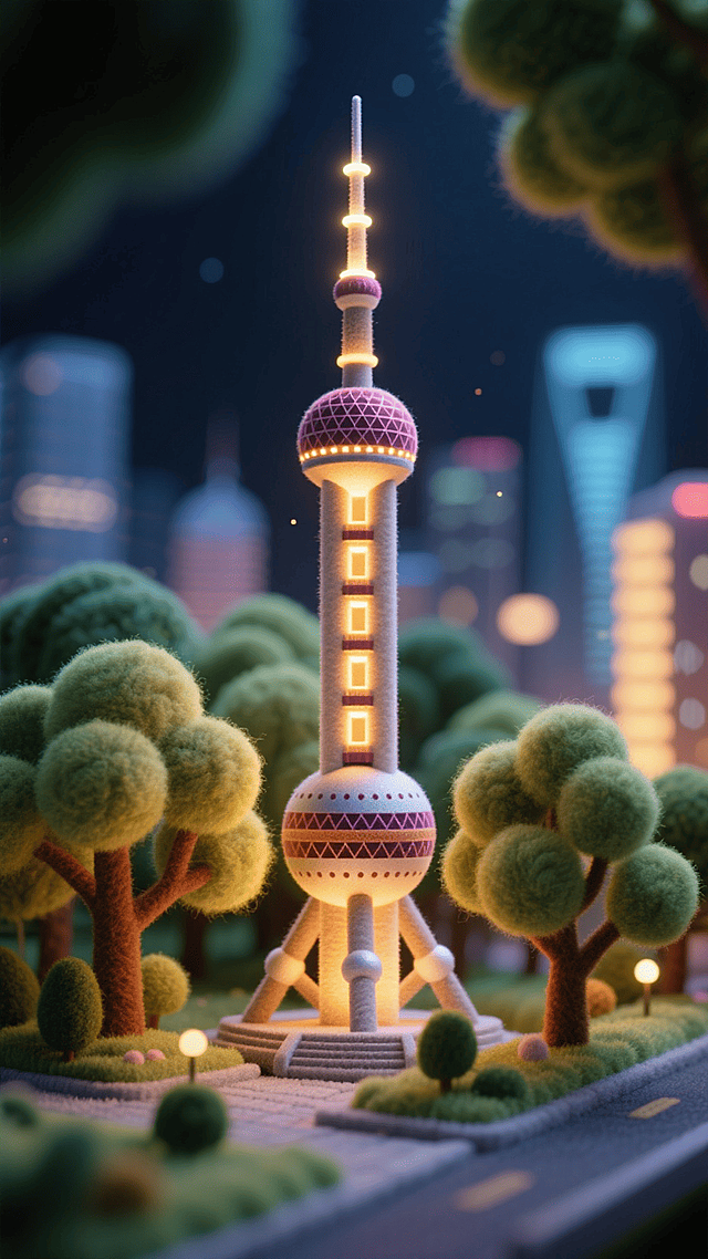 东方明珠塔（发光），上海，树木，夜晚，微缩景观，景深