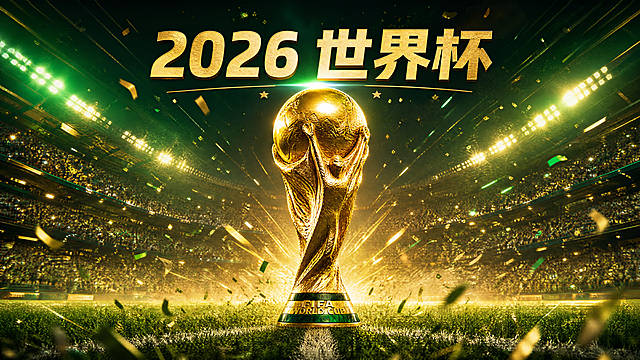 横板世界杯海报，足球赛场背景，大力神杯置于视觉中心，整体氛围激情热血，色彩采用绿金配色，设计简洁大气，上方标注文字"2026 世界杯"，画面充满动感与竞技感