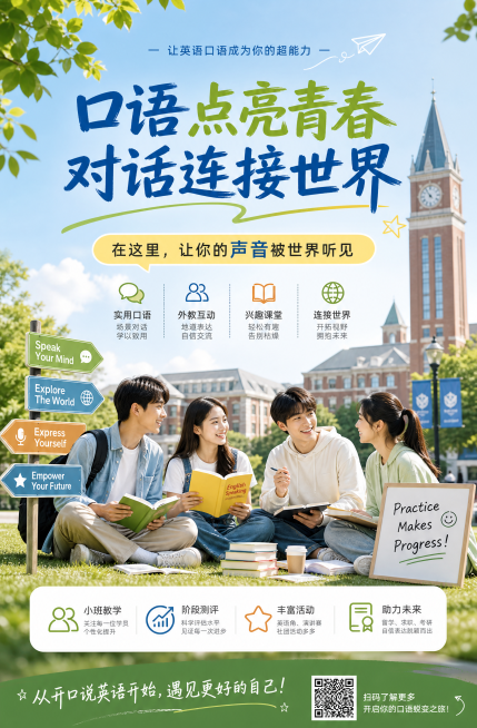 大学生英语口语品牌宣传展示海报，清新校园风格，尺寸比例对应149乘226.5厘米，融入校园、书本等场景元素，宣传语包含“口语点亮青春，对话连接世界”，“在这里，让你的声音被世界听见”，整体色调清新自然预览效果