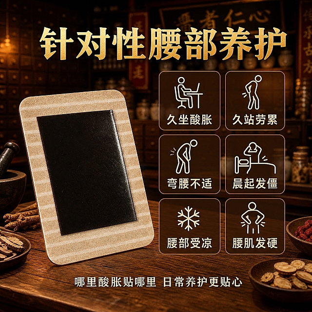淘宝电商主图第二张，1:1比例，仲医筋骨贴核心卖点信息图。画面左侧为产品主体：一片仲医筋骨贴斜放在木质台面上，浅棕条纹无纺布面，黑膏体清晰可见，占画面约40%。右侧为六个适用场景说明，分两列三行排列，每个配简约线条图标和文字。背景为虚化的中医馆药柜暖光氛围。顶部大标题：针对性腰部养护 烫金色粗体。六个场景文字：久坐酸胀 久站劳累 弯腰不适 晨起发僵 腰部受凉 腰肌发硬 米白色文字，深棕半透明底小卡片。底部小字：哪里酸胀贴哪里 日常养护更贴心 米白色。中式暖棕金色调，商业摄影质感，暖光柔和，产品有立体感，文字排版整齐不遮挡产品，无变形无错字无水印无平台Logo。