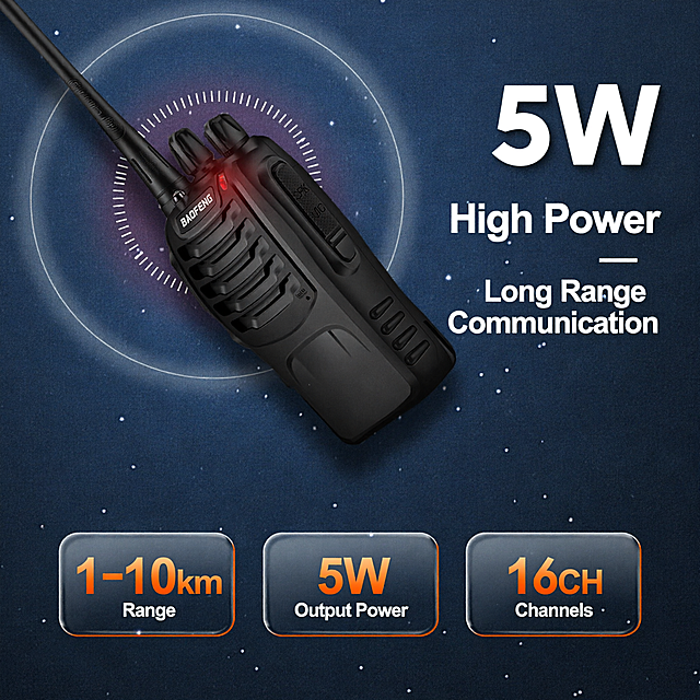 [主图-2] BAOFENG BF-888S walkie talkie core value selling point image - 5W high power long range communication.
[Style] Amazon cross-border e-commerce professional infographic style, cool gray tech feel, functional, objective and neutral, strong visual impact.
[Quality] Ultra HD commercial photography texture, clear and realistic product, fine material texture, clean and layered image.
[Elements] The main subject on the left side of the frame is a BAOFENG BF-888S black handheld walkie talkie, front 45-degree view, antenna vertically upward, red indicator light slightly on. Keep product appearance completely consistent with input image, no deformation or color difference. On the right side is a city building silhouette background, with semi-transparent concentric circle signal ripples spreading outward from the walkie talkie antenna, signal ripples in orange gradient, symbolizing long-distance transmission. There is a faint dark gray ground projection at the bottom of the frame, product accounts for about 60%.
[Lighting] 45-degree main light source from upper left, uniform front lighting, natural light and shadow transition on sides, subtle highlights on antenna and buttons, overall cool tech feel, signal ripples have self-luminous effect.
[Color scheme] Main color dark cool gray gradient background, auxiliary color black (product), accent color bright orange (signal ripples, data numbers), unified tech feel overall.
[Composition] Eye-level slightly low angle view, product located in the left half visual center, right side留出 space for copy and signal ripple display, medium depth of field, background building silhouettes blurred to highlight subject.
[Text layout] Left-aligned layout in upper right area of the frame, all in English. Main title large bold sans-serif white: "5W High Power", largest font size. Second line subtitle slightly smaller white: "Long Range Communication". Below are three data cards arranged horizontally, rounded rectangle dark gray background with orange border: first card large orange number "1-10km" above small white text "Range"; second card large orange number "5W" above small white text "Output Power"; third card large orange number "16CH" above small white text "Channels". Text is clear and readable, does not block product body.
[Output requirements] 1:1 ratio, 2048px*2048px, ultra HD commercial photography texture, clear and sharp text.
[Negative prompt] deformation, garbled text, blurry product image, cluttered background, watermark, e-commerce platform logo, Chinese text, East Asian faces, Asian faces, extra hands, deformed hands.