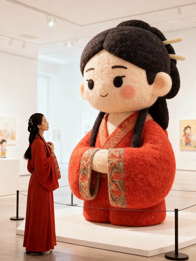 把图片主体做成充满创意和梦幻色彩的绘本风格的巨型毛毡艺术卡通风格雕塑放置在画面中心（主体的穿搭保持不变），主体站在一旁欣赏（与巨型主体形成比例反差），围栏隔离展示，背景是明亮的艺术展厅