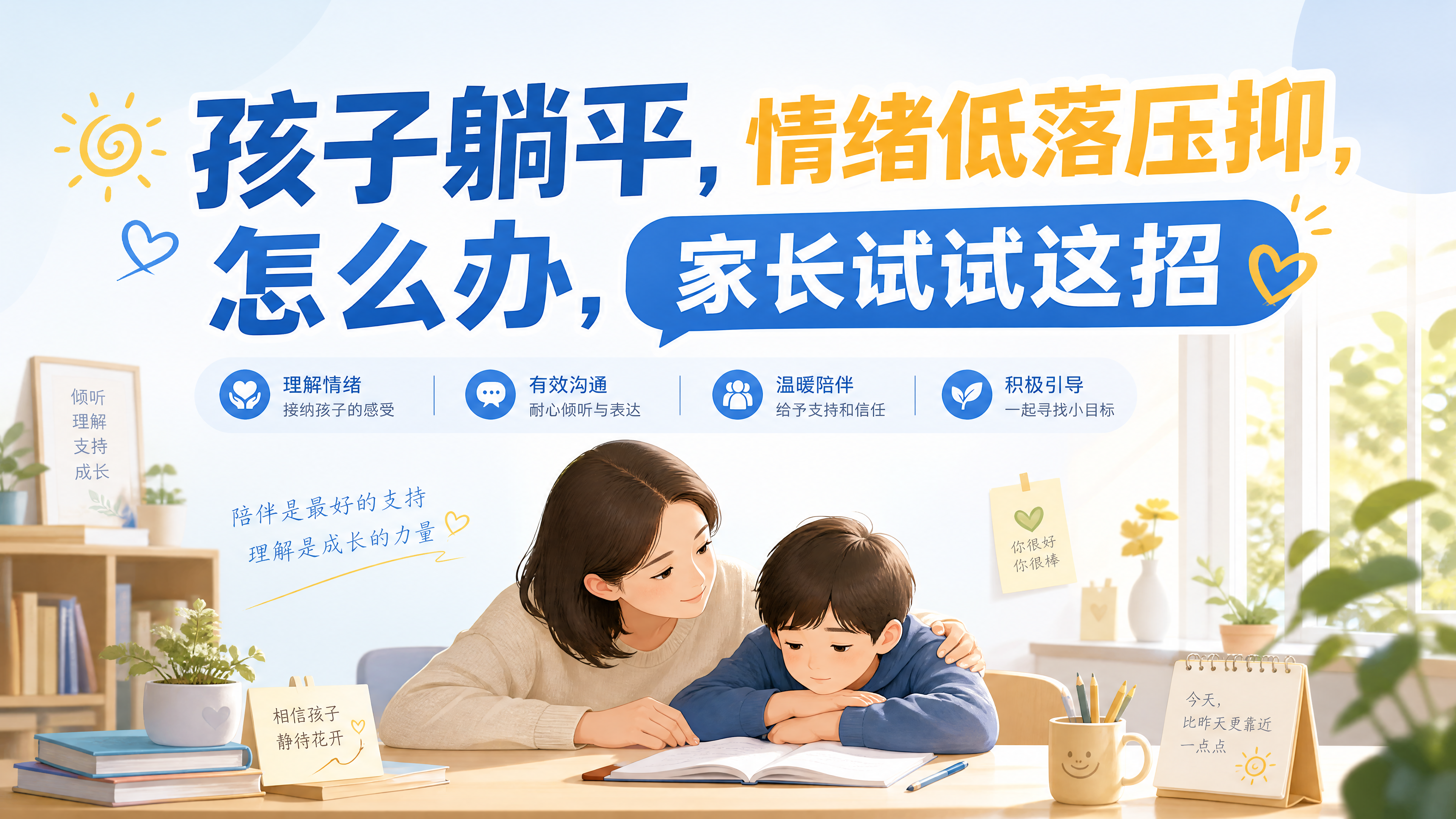 横版育儿科普宣传图，上半部分展示核心关键词"孩子躺平，情绪低落… - 图片创意预览