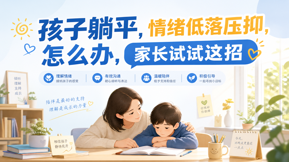横版育儿科普宣传图，上半部分展示核心关键词"孩子躺平，情绪低落压抑，怎么办，家长试试这招"，风格温暖专业，干净明亮，整体积极正向，无违规内容预览效果