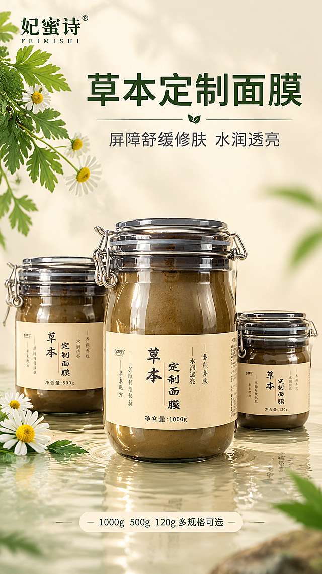 [主图-1] 首图品牌调性 植物草本面膜抖音竖版主图。
[统一基调] 自然草本通透水润风格，整体暖米白+草木绿点缀，干净非衬线字体，标题深墨绿，辅助文字深灰，强调色草木绿，卡片圆角浅米色，高级商业摄影质感。
[画面] 画面中央偏下位置摆放1000g大罐草本定制面膜为主体，500g罐在左侧稍后，120g小罐在右侧稍后，三罐呈错落三角排列，产品外观、颜色、标签、卡扣结构与输入图完全一致。背景为柔和的浅米色渐变，左上角有几片新鲜艾草绿叶和一小枝洋甘菊自然垂落，底部有淡淡的水波纹反光，营造天然草本纯净氛围。产品占画面约60%，视角为微仰视45度。左上角放置妃蜜诗品牌Logo。
[光影质感] 柔光箱主光从左上方打来，产品表面有自然高光反射，玻璃罐通透有质感，底部有柔和接触阴影，整体明亮通透，3D商业摄影级质感。
[配色] 主背景暖米白渐变，点缀草木绿和浅棕，标题深墨绿，辅助文字深灰色。
[文字版式] 画面上方大标题竖排或横排大字："草本定制面膜"，副标题："屏障舒缓修肤 水润透亮"，底部小字标注"1000g 500g 120g 多规格可选"。文字放在画面负空间，不遮挡产品主体。主标题最大最粗，辅助文字缩小50%以上。
[输出要求] 9:16竖版比例，文字清晰可读，产品清晰完整不变形，无错字，无水印，无平台Logo，画面干净高级。