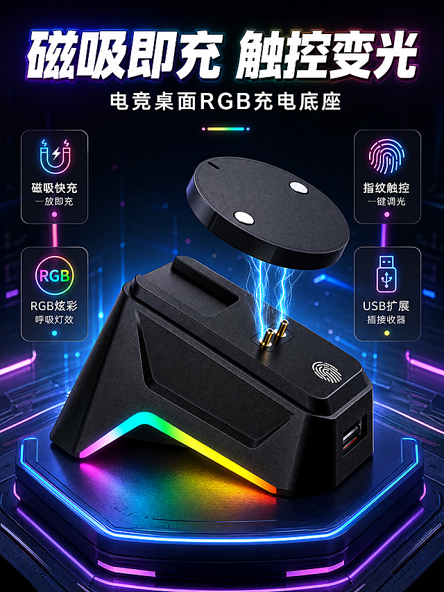 [商品] 使用【图4】黑色磁吸鼠标充电底座；保留底座梯形结构、顶部双镀金充电触点、圆形磁吸充电模块、指纹触控图标、侧面USB接口、底部V形RGB灯带、黑色磨砂材质；商品处理：增强金属触点光泽、RGB灯带发光质感、外壳磨砂细腻纹理，不改变结构和比例。
[画面] 目标：主图1-性能功能主图，突出磁吸快充+触控调光核心卖点。构图：居中大主体，底座上方悬浮圆形磁吸模块，带蓝色磁力闪电连接线效果，底座RGB灯带发出彩虹渐变光，左右两侧分布核心卖点图标。主体占画面60%，背景为深色科技感空间，有发光线条和粒子光效。
[视觉] 套系策略：风格=深色科技电竞风3D商业渲染；标题字=粗黑体无衬线；正文字=现代无衬线体；主色=深空黑；背景延展=基于深空黑做深蓝紫渐变、霓虹光带、粒子光斑和几何线条；强调色=RGB彩虹渐变（青/粉/黄/紫），仅用于灯带、光效、图标点缀和标题高光；标题色=纯白+霓虹渐变描边；正文色=浅灰白；组件=圆角深色半透明信息卡、霓虹发光引线、发光图标；光影=顶部柔光+底部RGB灯带自发光+轮廓光。
[文字] 顶部大标题"磁吸即充 触控变光"，副标题"电竞桌面RGB充电底座"，下方4个卖点胶囊："磁吸快充 一放即充"、"指纹触控 一键调光"、"RGB炫彩 呼吸灯效"、"USB扩展 插接收器"。文字不遮挡底座主体和充电触点。
[规格] 图片比例3:4竖版，4K，负向提示：避免变形、错字、文字过小、结构缺失、颜色改变、白底、模糊、材质失真。