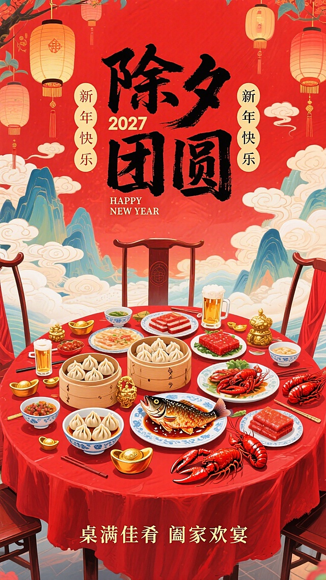 以正红为底色，画面主体是摆满除夕佳肴的红漆圆桌（占画面三分之二位置）：碗装元宝饺子、盘盛红烧全鱼、蒸笼码着红糖年糕，旁侧摆着啤酒杯与油焖小龙虾；点缀红绸餐布、金元宝摆件、悬垂灯笼等吉祥元素；上方毛笔大字 “除夕团圆”，旁配 “2027”“HAPPY NEW YEAR”；左右侧竖排 “新年快乐”；海报底部金色横排极小字 “桌满佳肴 阖家欢宴”；整体红火热闹，传递除夕团圆纳福的祈愿。