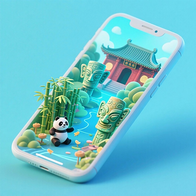 3D风微缩艺术场景，熊猫与竹林、古建筑共现手机屏幕，粘土质感搭配清新配色，营造梦幻卡通感，虚拟现实般的可爱体积感设计。