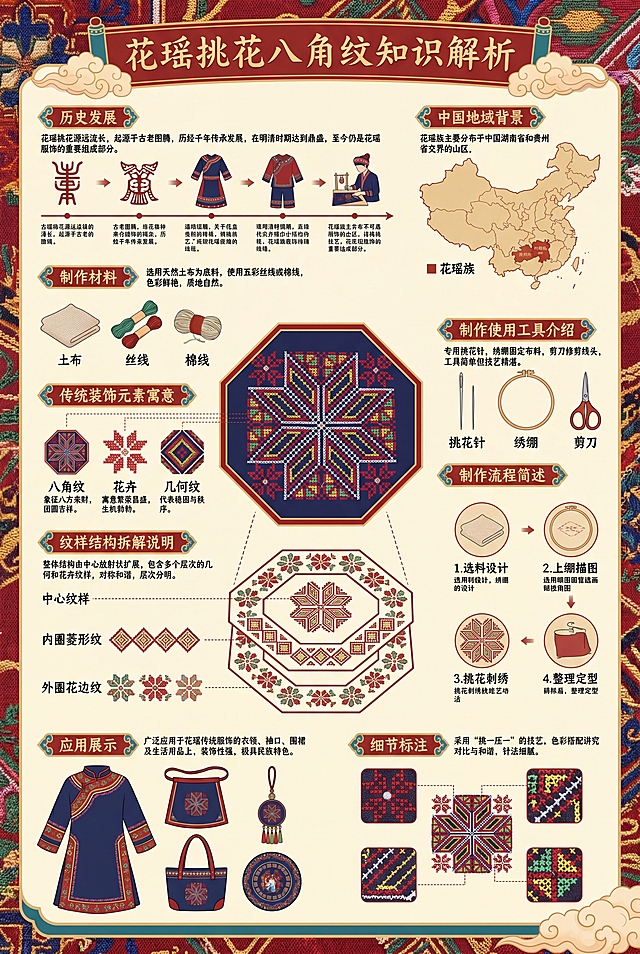 制作一张中国风的花瑶挑花八角纹知识解析信息图，排版布局参考第二张示例图的流程图样式。内容包含：花瑶挑花八角纹的历史发展、中国地域背景说明、制作材料、传统装饰元素寓意、纹样结构拆解说明、制作使用工具介绍，每个部分配有详细中文文字解析，周围添加标注组件和对应细节插图。参考第一张图提取花瑶挑花八角纹的图案纹样作为核心装饰元素。图片背景为中式纹理，保持字体清晰，整体画面为传统中国风设计风格，与示例图风格保持一致。