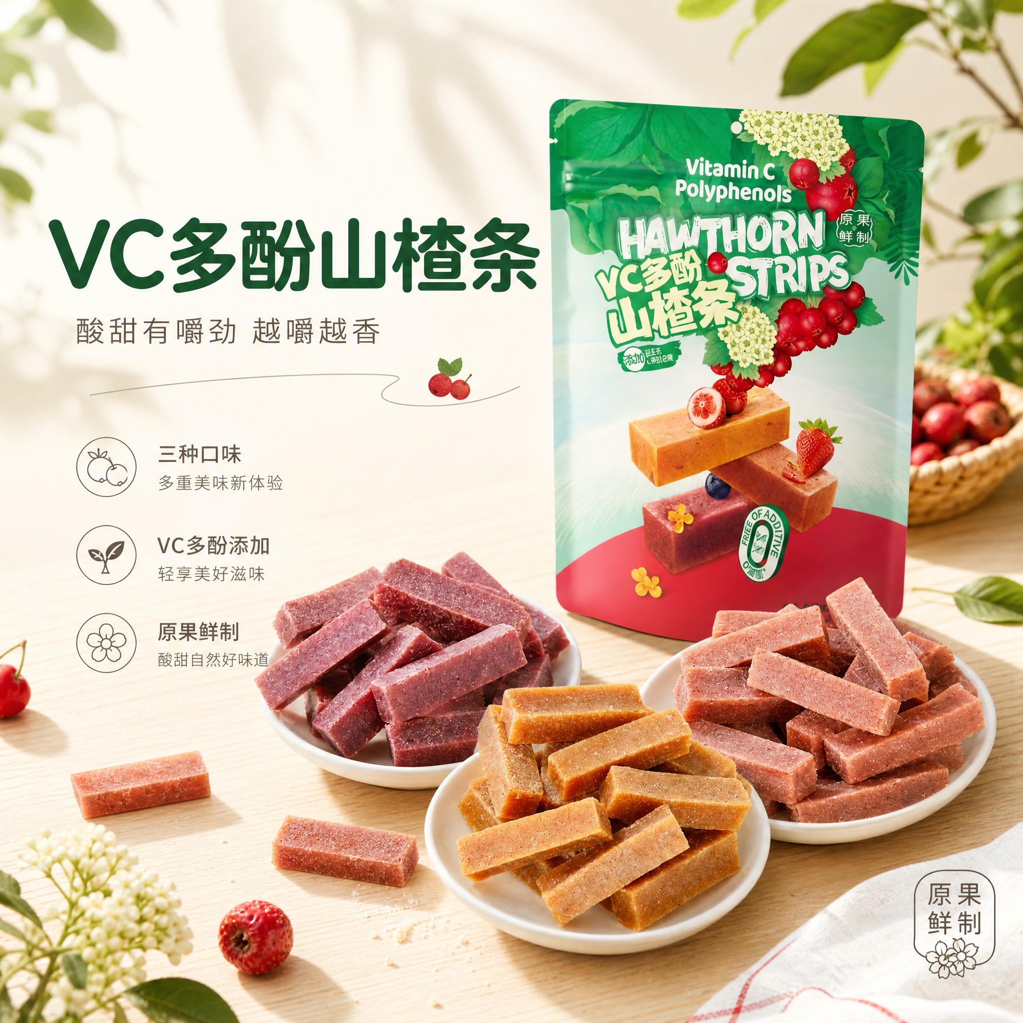 图生图任务：保持输入图中山楂条的产品外观、颜色、形状、材质与绿… - 图片创意预览