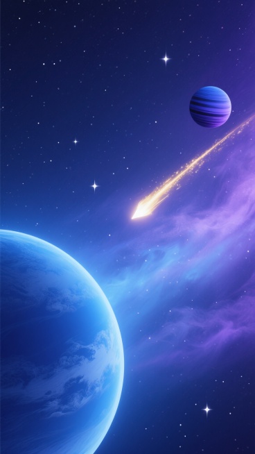 深邃浩瀚的宇宙星空背景，深邃靛蓝色与神秘紫色渐变交织，点缀着无数闪烁的白色星辰，呈现出高级感的梦幻光晕。画面左下方是一颗巨大的蓝色星球，表面有清晰的云层纹理和光影渐变，散发着柔和的蓝色光芒。右上方有一颗较小的蓝紫色星球，带有深色条纹。一条明亮的流星从画面中上部斜向划过，拖着长长的金色光尾，流星头部光芒耀眼。背景中弥漫着淡淡的紫色和蓝色星云，呈现出细腻的烟雾状纹理和柔和的色彩过渡，整体构图平衡，……预览效果