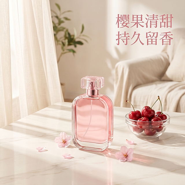 清新柔光下，粉红香水瓶与樱桃静置大理石台，樱花飘落，轻拟物风结合玻璃质感，营造樱果清甜的甜蜜氛围。