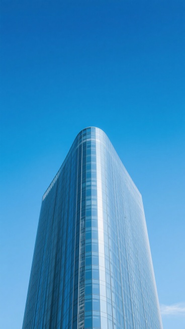 一张商业风格的建筑摄影海报，画面主体为一栋现代化玻璃幕墙摩天大楼的顶部及上半部分，大楼呈现出优雅的弧形轮廓，玻璃表面反射着纯净的蓝天，展现出强烈的金属与玻璃质感。整体采用低角度仰拍构图，营造出宏伟、高耸入云的视觉冲击力，天空占据画面大部分区域，呈现出从顶部深邃的钴蓝色到接近建筑处逐渐变浅的渐变效果，光线明亮且柔和，属于晴天正午的自然光效果，阴影清晰地投射在建筑表面，增强了立体感。画面简洁大气，……预览效果