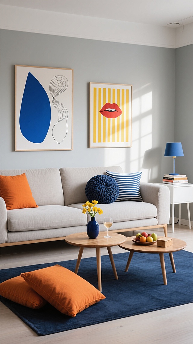 现代简约风格的客厅场景，整体氛围温馨舒适，以米灰色为基调，点缀蓝色、橙色等鲜亮色彩。画面中央是一张米灰色布艺沙发，沙发上摆放着橙色靠垫、蓝色条纹靠垫和一个深蓝色的编织球状抱枕。沙发前的深蓝色地毯上放置着两张造型简约的木质圆形小茶几，其中一张茶几上有一个插着黄色花朵的深蓝色花瓶，旁边还有一个高脚杯；另一张茶几上放着一个装有水果的木盘和一个小盒子。沙发左侧有一个白色边几，上面立着一盏蓝色的台灯，边几上还叠放着几本书籍。沙发背景墙上挂着两幅装饰画，左侧是一幅带有蓝色不规则图形和抽象线条的画作，右侧是一幅黄色竖条纹背景、中央有红色嘴唇图案的装饰画。沙发前方地毯左侧地面上叠放着两个橙色的布艺坐垫。整体光影柔和，光线从右侧照射进来，在墙面和家具上形成自然的明暗过渡，色彩搭配和谐统一，充满家的温馨与舒适感，细节丰富，构图均衡，展现出现代家居的简约美学与生活气息。