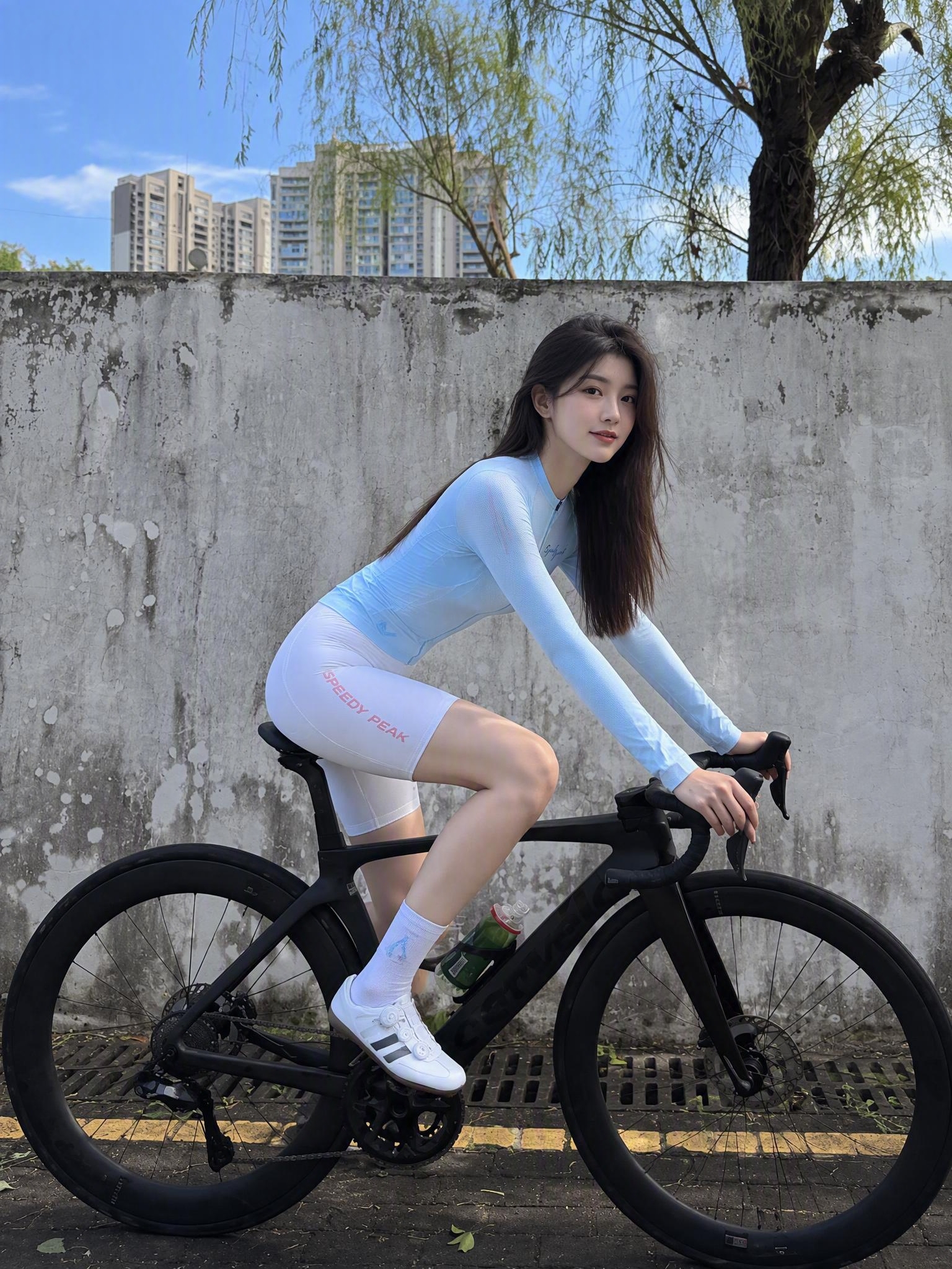 参考图1的骑行场景和姿势，更换模特形象：去掉眼镜和帽子，头发为… - 图片创意预览