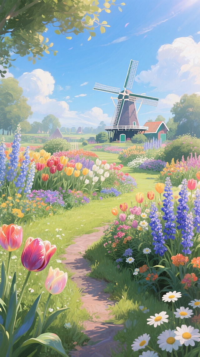 荷兰风光，开满各种花的花园