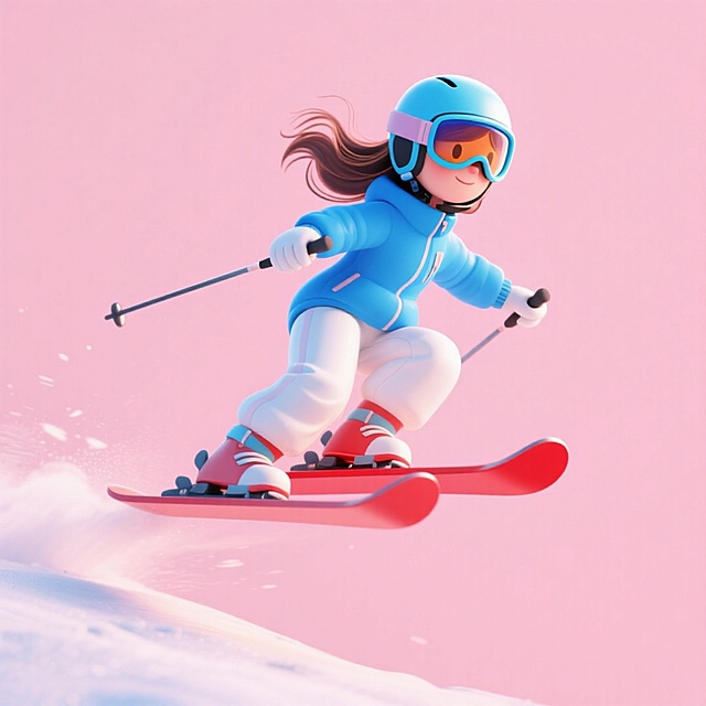 画面主视觉是腾空的女孩，身着亮蓝色滑雪服、白色雪裤，佩戴头盔与可视护目镜，脚踩红色滑雪板，拿着雪杖呈动感滑行姿态。浅粉色纯色背景