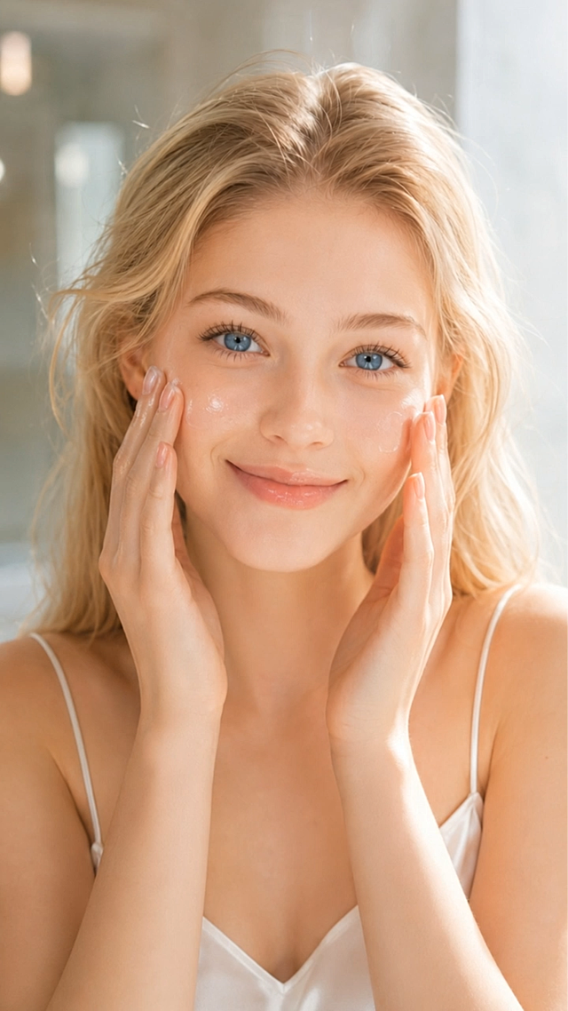 The stunningly beautiful, angelic blonde teenager gently and smoothly massages the glowing serum into her plump cheeks with her hands. She smiles a sweet, breathtaking, and youthful smile at the camera. Her skin looks perfectly flawless, deeply hydrated, and glowing like glass. Soft, flattering beauty lighting. Ultra-realistic.