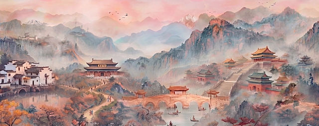 将这张长画中左侧中间位置的红色官府建筑替换成提供的第二张图片里面的署府阳署建筑，保持原画作整体的水墨国风风格、色彩氛围以及其他内容都不变