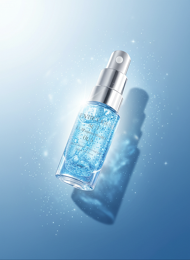 蓝色渐变背景，画面中心是主体，反光，光线营造出柔和光束与阴影