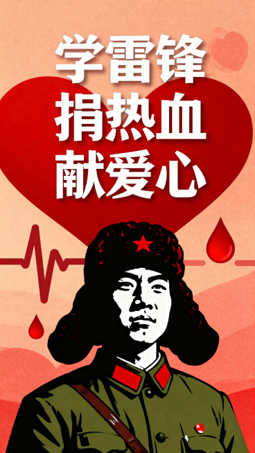 学雷锋鼓励献血的公益宣传海报，暖红色调，温暖有爱心，画面中有雷锋头像元素，包含醒目的标题文字"学雷锋 捐热血 献爱心"，背景有爱心和血液滴图形设计，整体积极向上、弘扬正能量，风格简洁醒目适合宣传预览效果