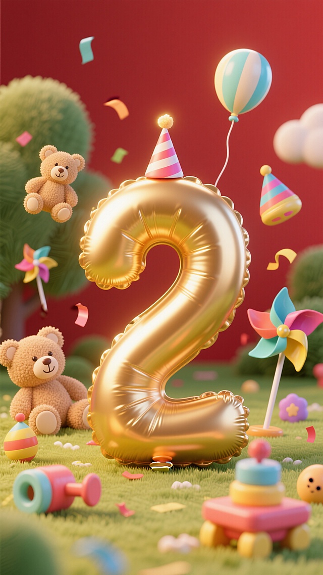 巨大的金色数字“2”的气球，可爱玩具元素悬浮在周围，暖色调，生日氛围，红色背景