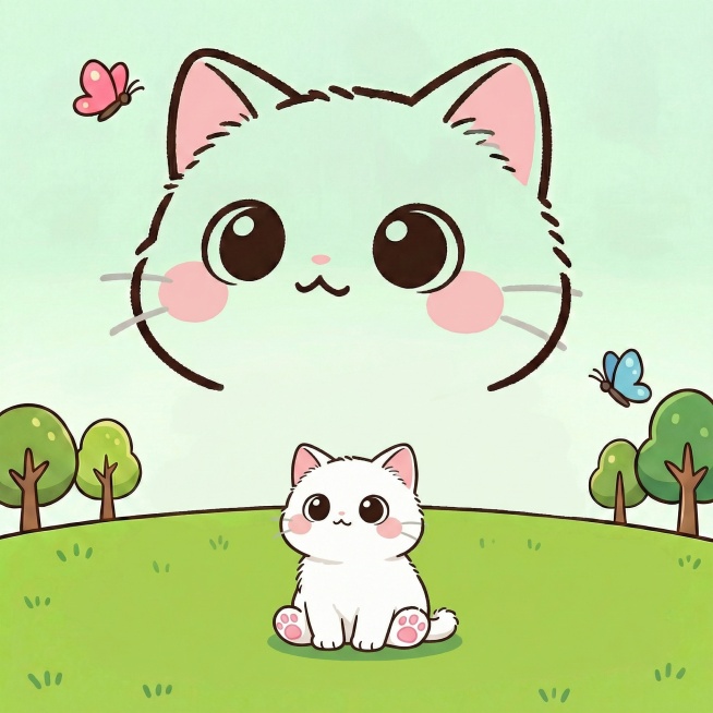 将画面中的小猫尺寸缩小，草地、小树和蝴蝶保持不变预览效果