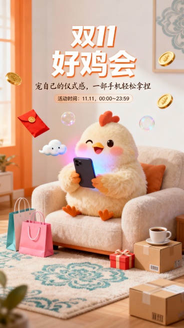 双11促销海报，主角是一只毛绒绒、胖乎乎的小鸡，坐在柔软的沙发上，手里拿着一部手机开心网购。手机屏幕发出柔和光晕，映照出小鸡幸福的表情。周围有购物袋、礼盒、快递箱、咖啡杯等元素，营造出轻松愉快的居家氛预览效果
